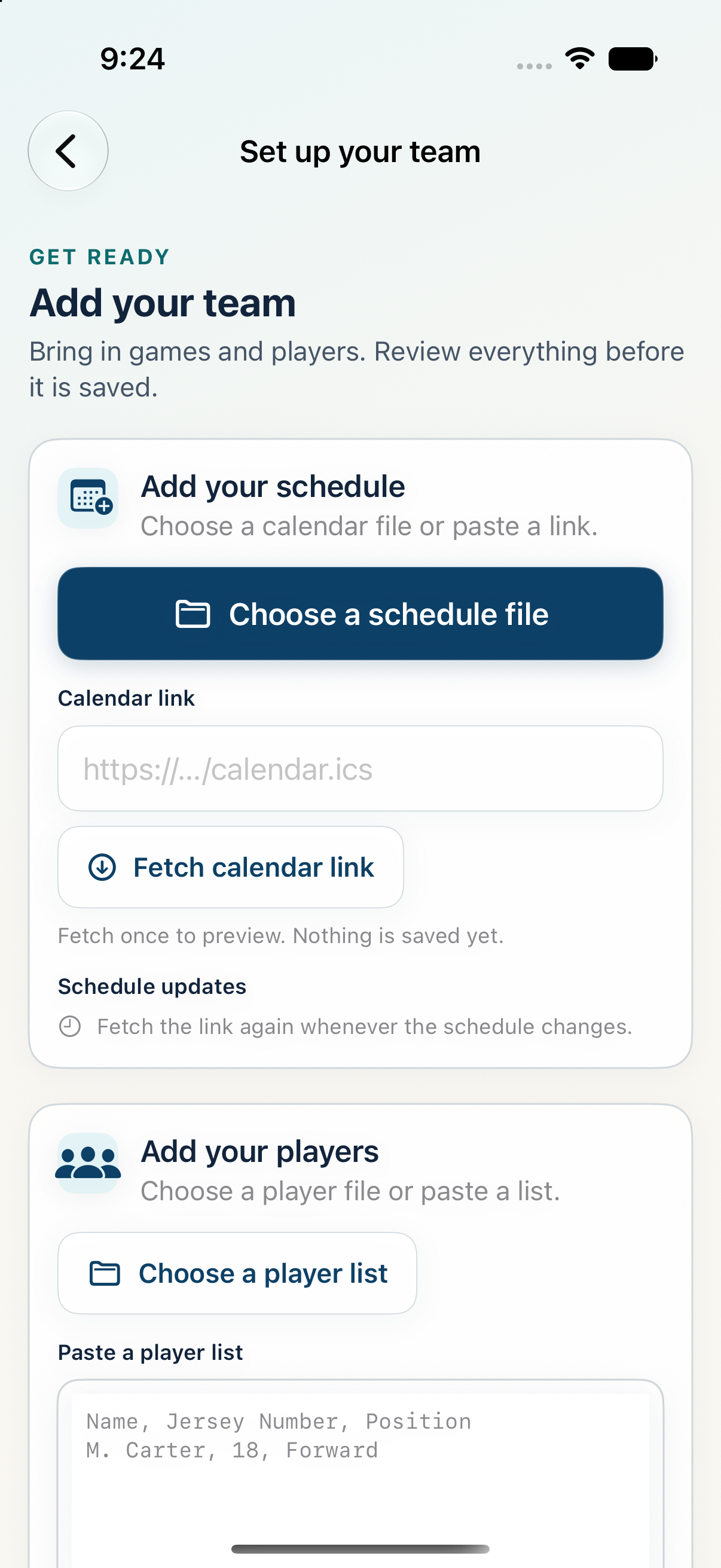 Current RinkSlate import screen for schedules and player lists