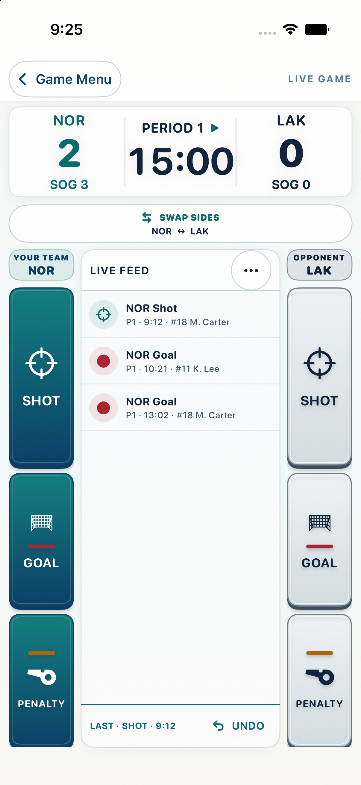 Current RinkSlate live capture screen showing a 2–0 game, live feed, and event controls