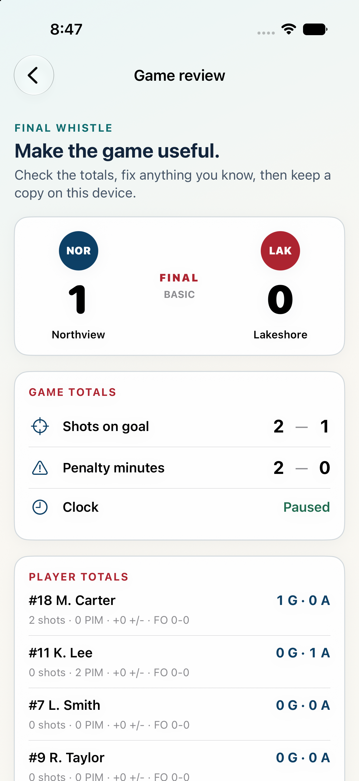 Current RinkSlate game review screen showing final score, game totals, and player totals