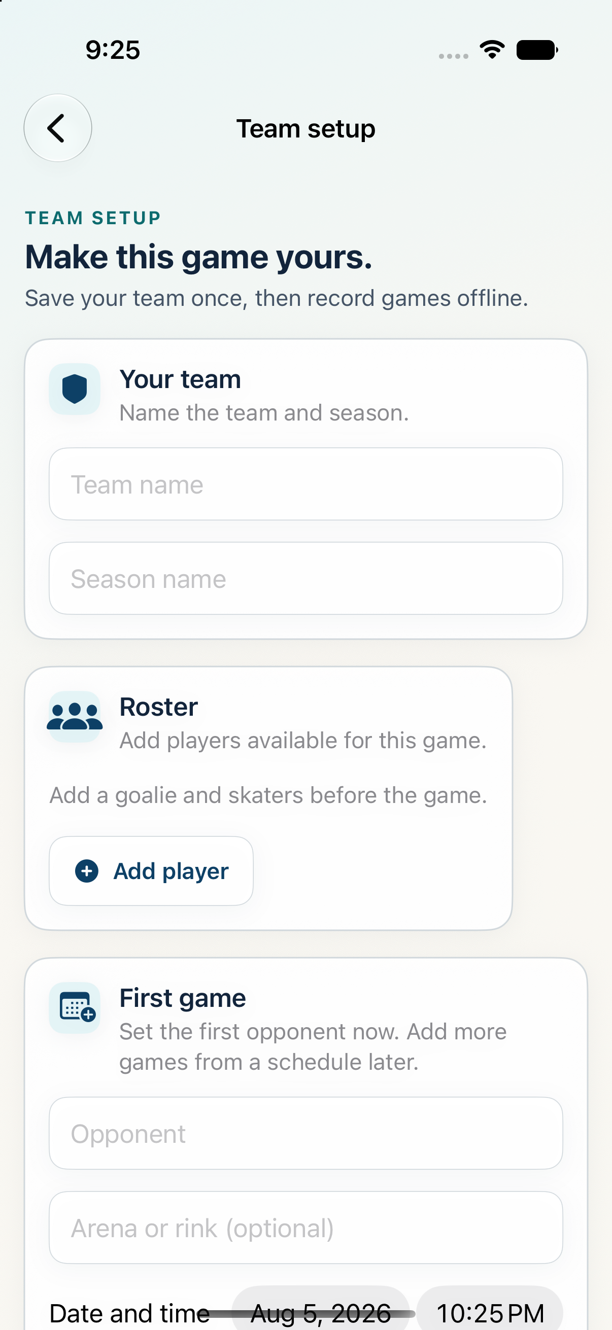 Current RinkSlate Team setup screen with team, season, roster, and first game sections